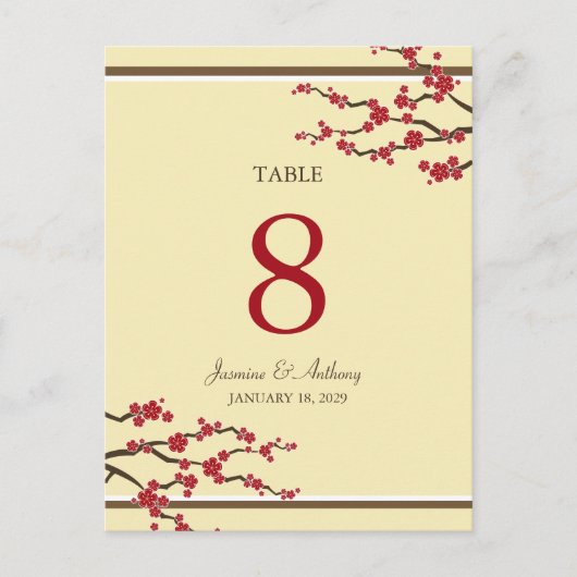 Red Sakura Cherry Blossom Wedding Table Number Briefkaart (Voorkant)