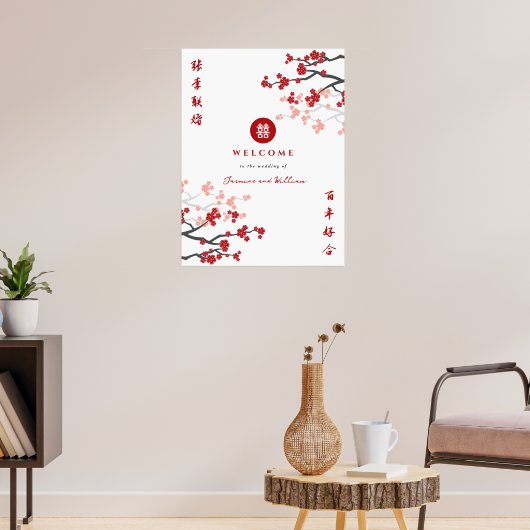 Red Sakura Double Happiness Chinese Wedding Sign Poster (Woonkamer 3)