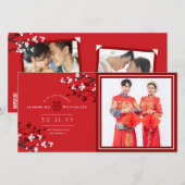 Red Sakura Double Happiness Wedding Announcement Aankondiging (Voorkant / Achterkant)