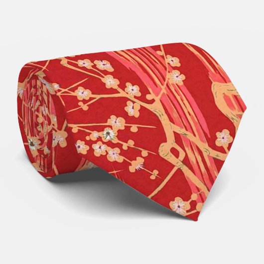 RED SAKURA FLOWERS Antiek Japans Floral Pattern Stropdas (Opgerold)