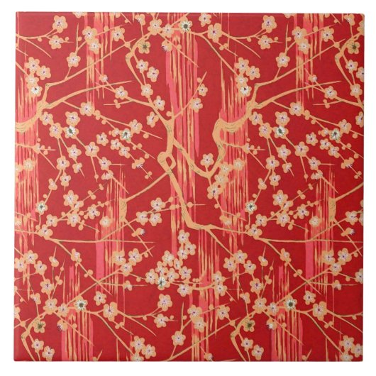 RED SAKURA FLOWERS Antiek Japans Floral Pattern Tegeltje (Voorkant)