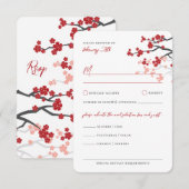 Red Sakura Flowers Cherry Blossom Asian Wedding RSVP Kaartje (Voorkant / Achterkant)