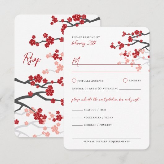 Red Sakura Flowers Cherry Blossom Asian Wedding RSVP Kaartje (Voorkant / Achterkant)