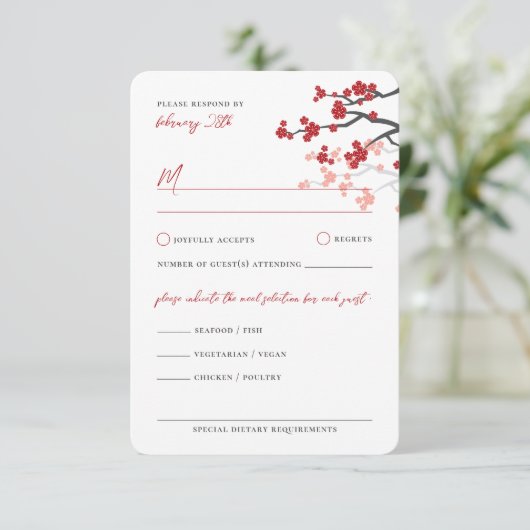Red Sakura Flowers Cherry Blossom Asian Wedding RSVP Kaartje (Staand voorkant)