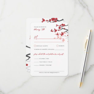 Red Sakura Flowers Cherry Blossom Asian Wedding RSVP Kaartje