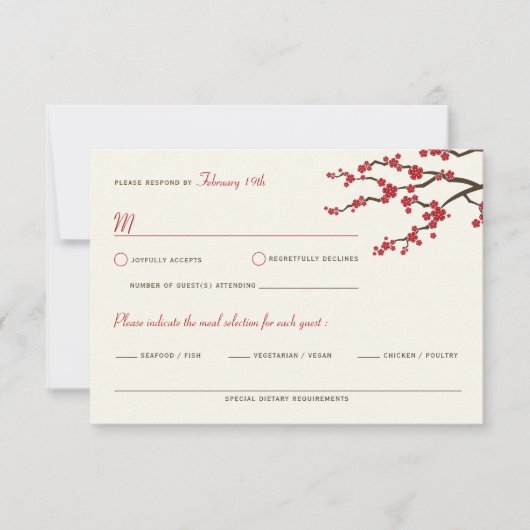 Red Sakura Flowers Cherry Blossom Asian Wedding RSVP Kaartje (Voorkant)