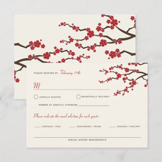 Red Sakura Flowers Cherry Blossom Asian Wedding RSVP Kaartje (Voorkant / Achterkant)
