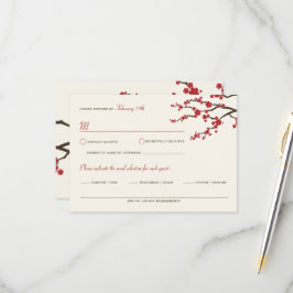 Red Sakura Flowers Cherry Blossom Asian Wedding RSVP Kaartje