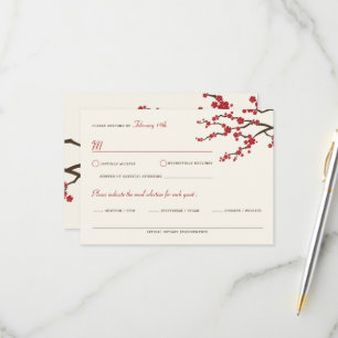 Red Sakura Flowers Cherry Blossom Asian Wedding RSVP Kaartje