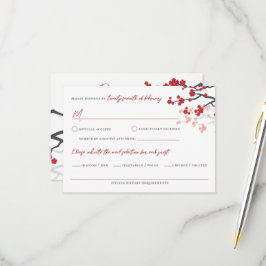 Red Sakura Flowers Cherry Blossom Asian Wedding RSVP Kaartje