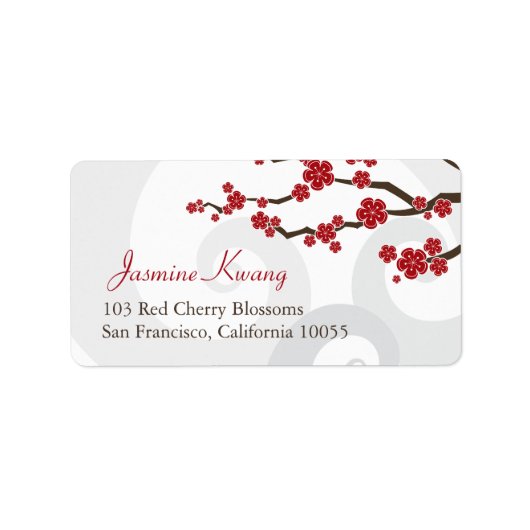 Red Sakura Flowers Cherry Blossom Swirls Weddensch Etiket (Voorkant)