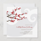 Red Sakura Flowers Cherry Blossom Swirls Weddensch Kaart (Achterkant)