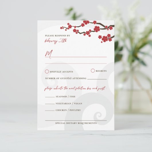Red Sakura Flowers Cherry Blossom Swirls Weddensch RSVP Kaartje (Staand voorkant)