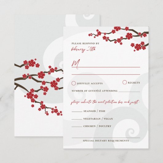 Red Sakura Flowers Cherry Blossom Swirls Weddensch RSVP Kaartje (Voorkant / Achterkant)
