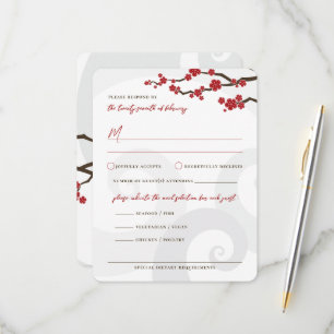 Red Sakura Flowers Cherry Blossom Swirls Weddensch RSVP Kaartje