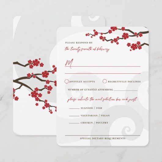 Red Sakura Flowers Cherry Blossom Swirls Weddensch RSVP Kaartje (Voorkant / Achterkant)