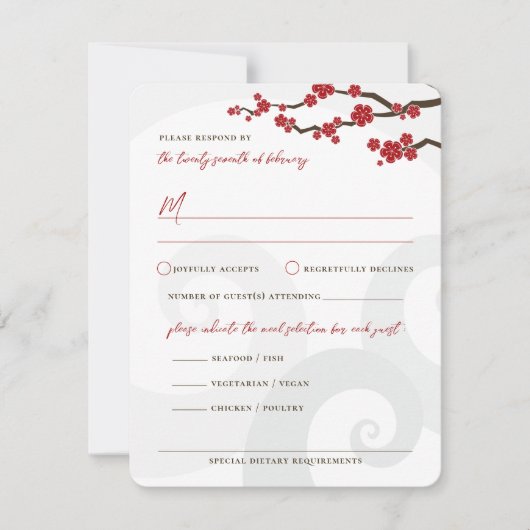 Red Sakura Flowers Cherry Blossom Swirls Weddensch RSVP Kaartje (Voorkant)