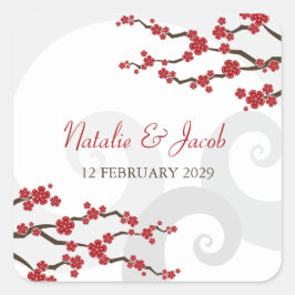 Red Sakura Flowers Cherry Blossom Swirls Weddensch Vierkante Sticker