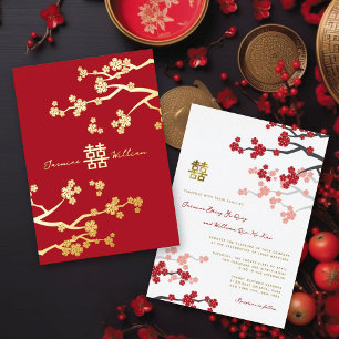 Red Sakura Golden Double Happiness Chinese Wedding Folie Uitnodiging