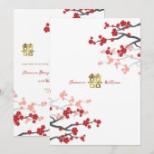Red Sakura Golden Double Happiness Chinese Wedding Kaart (Voorkant / Achterkant)