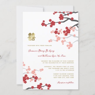 Red Sakura Golden Double Happiness Chinese Wedding Kaart