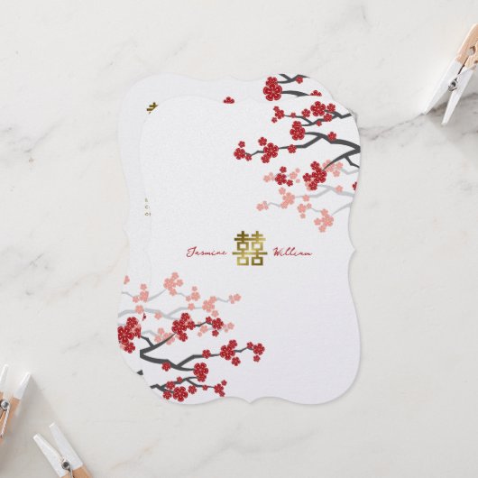 Red Sakura Golden Double Happiness Chinese Wedding Kaart (Voorkant / Achterkant in situ)