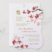 Red Sakura Golden Double Happiness Chinese Wedding Kaart (Achterkant)
