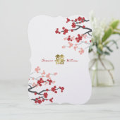 Red Sakura Golden Double Happiness Chinese Wedding Kaart (Staand voorkant)