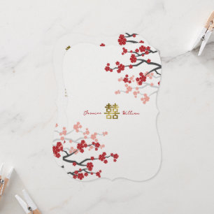 Red Sakura Golden Double Happiness Chinese Wedding Kaart