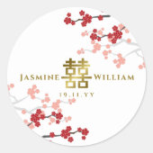 Red Sakura Golden Double Happiness Chinese Wedding Ronde Sticker (Voorkant)
