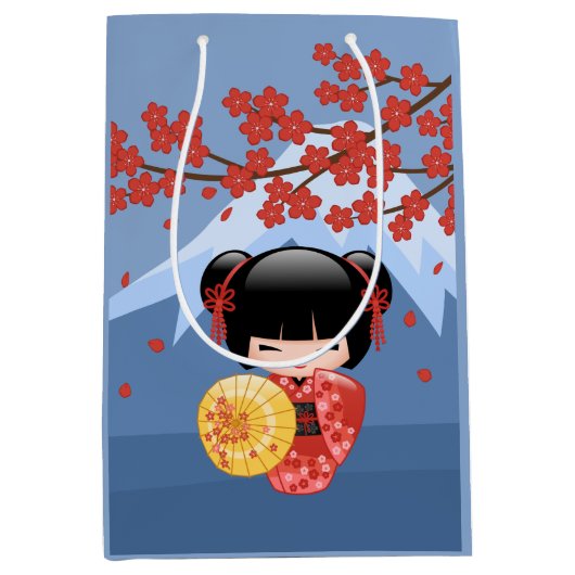 Red Sakura Kokeshi Doll - Cute Geisha Girl Blue Medium Cadeauzakje (Voorkant)