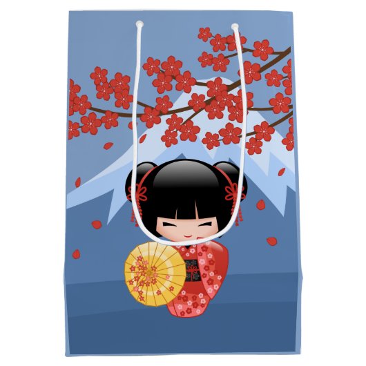 Red Sakura Kokeshi Doll - Cute Geisha Girl Blue Medium Cadeauzakje (Achterkant)