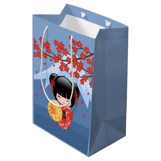 Red Sakura Kokeshi Doll - Cute Geisha Girl Blue Medium Cadeauzakje (Achterkant Gekanteld)