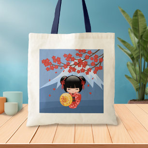 Red Sakura Kokeshi Doll - Cute Geisha Girl Blue Tote Bag