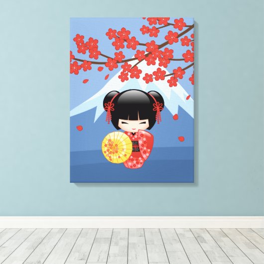 Red Sakura Kokeshi Doll - Cute Geisha Girl Canvas Afdruk (Insitu (Houten vloer))