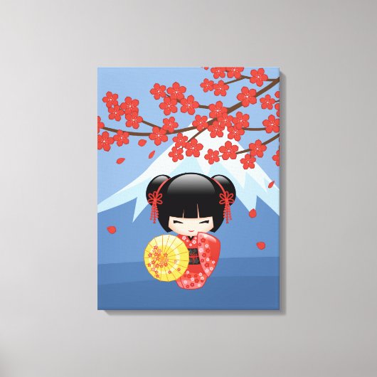 Red Sakura Kokeshi Doll - Cute Geisha Girl Canvas Afdruk (Voorkant)