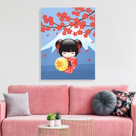 Red Sakura Kokeshi Doll - Cute Geisha Girl Canvas Afdruk (Insitu (Woonkamer))