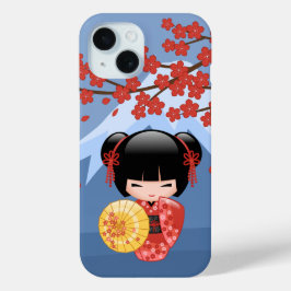Red Sakura Kokeshi Doll - Cute Geisha Girl iPhone 15 Case