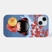 Red Sakura Kokeshi Doll - Cute Geisha Girl iPhone 15 Case (Achterkant horizontaal)