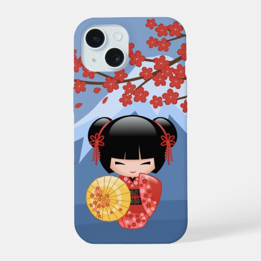 Red Sakura Kokeshi Doll - Cute Geisha Girl iPhone 15 Case (Achterkant)