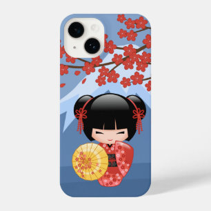 Red Sakura Kokeshi Doll - Cute Geisha Girl iPhone 14 Hoesje