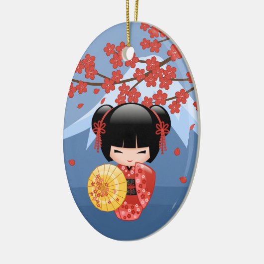 Red Sakura Kokeshi Doll - Cute Geisha Girl Keramisch Ornament (Links)