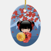 Red Sakura Kokeshi Doll - Cute Geisha Girl Keramisch Ornament (Voorkant)