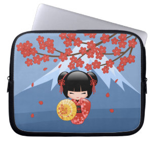 Red Sakura Kokeshi Doll - Cute Geisha Girl Laptop Sleeve