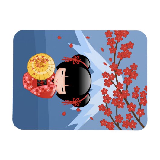 Red Sakura Kokeshi Doll - Cute Geisha Girl Magneet (Horizontaal)
