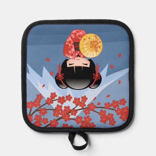 Red Sakura Kokeshi Doll - Cute Geisha Girl Pannenlap (Voorkant)