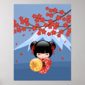 Red Sakura Kokeshi Doll - Cute Geisha Girl Poster (Voorkant)