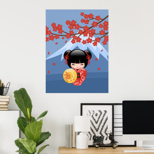 Red Sakura Kokeshi Doll - Cute Geisha Girl Poster