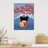 Red Sakura Kokeshi Doll - Cute Geisha Girl Poster (Keuken)