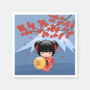 Red Sakura Kokeshi Doll - Cute Geisha Girl Servet